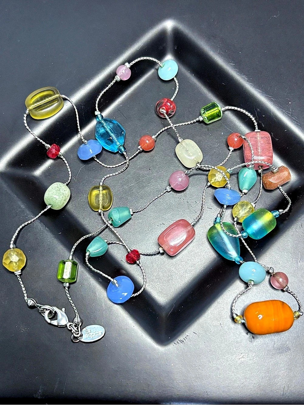 Beautiful Vintage Lia Sophia station glass beaded, long, silver tone necklace